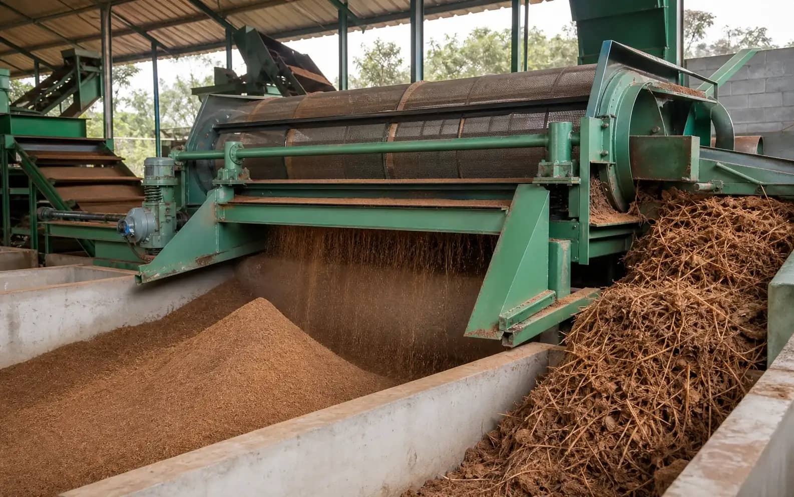 Industrial rotary screen separating fine coir pith from coarse coir fibre