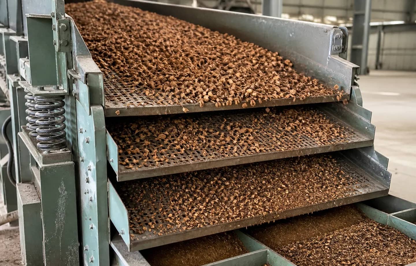Multi-deck industrial screen grading coconut husk chips into consistent sizes