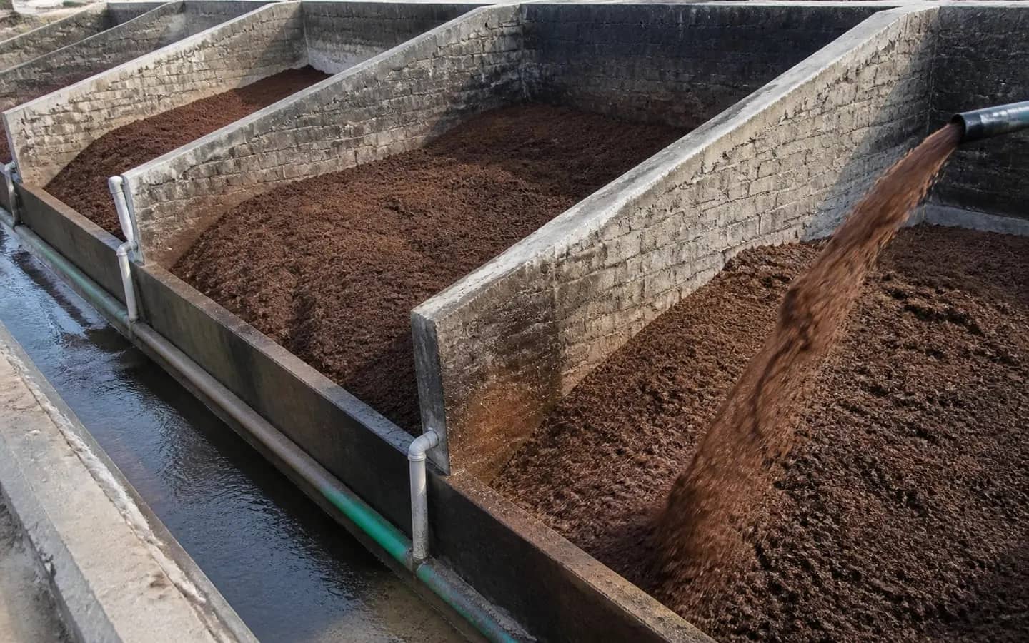 Close view of masonry wash bunkers holding wet coir pith during controlled washing