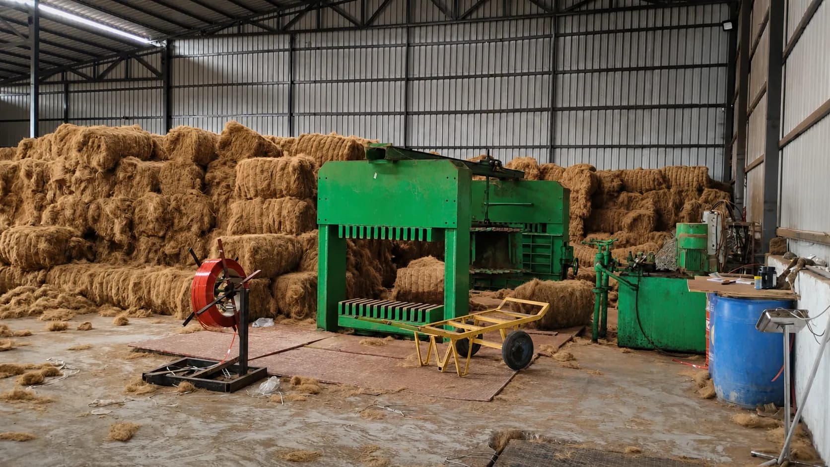Clean coir fibre prepared for drying and bale compression