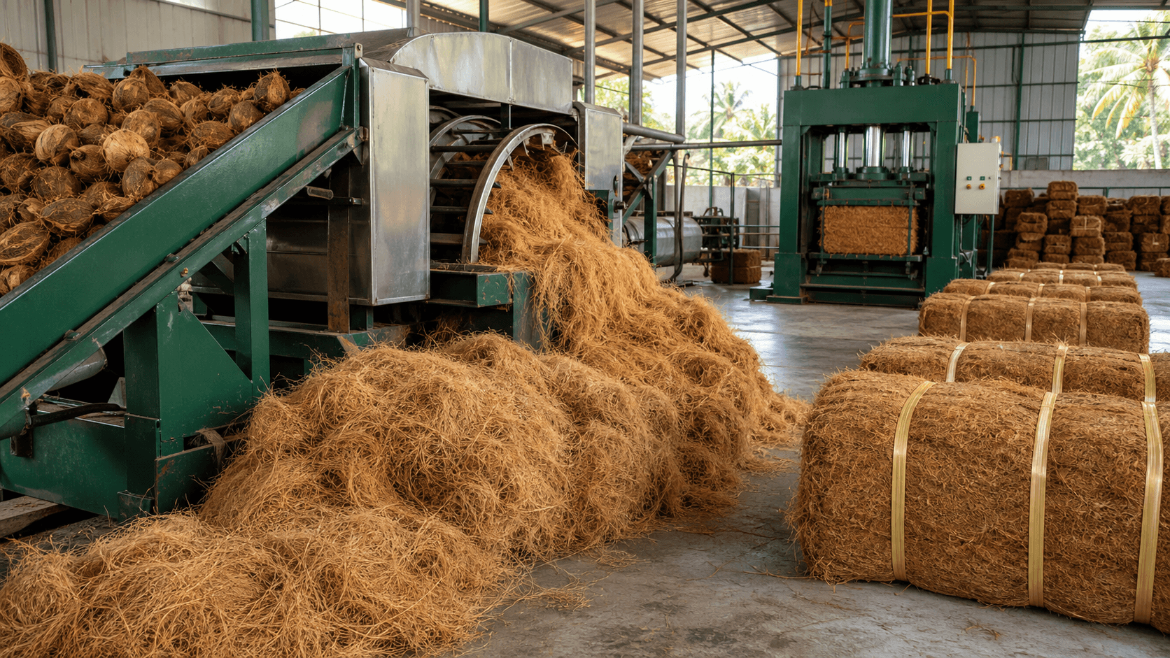 From mature coconut husk to compressed coir fibre bale.