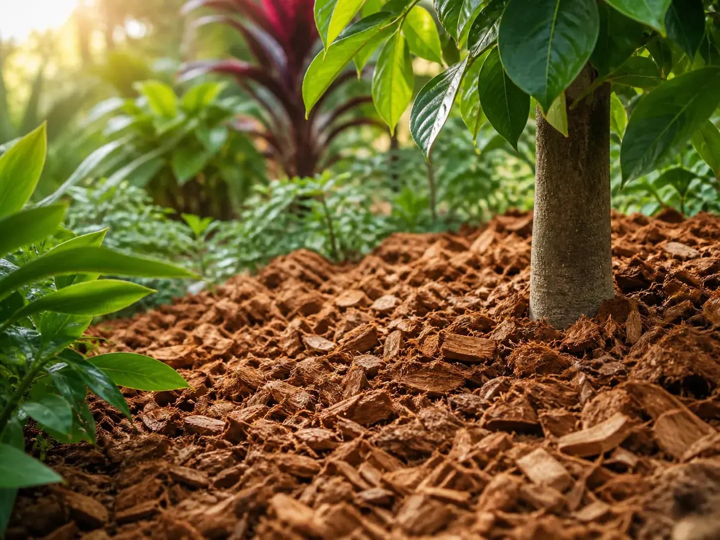 Coconut husk chips used as natural mulch