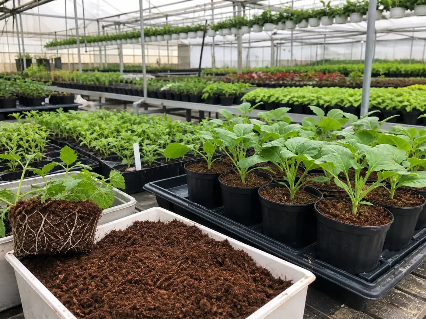 Nursery plants growing in coir-based substrate inside a commercial greenhouse