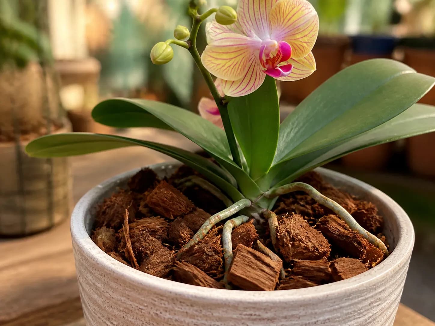 Orchid growing in coconut husk chips