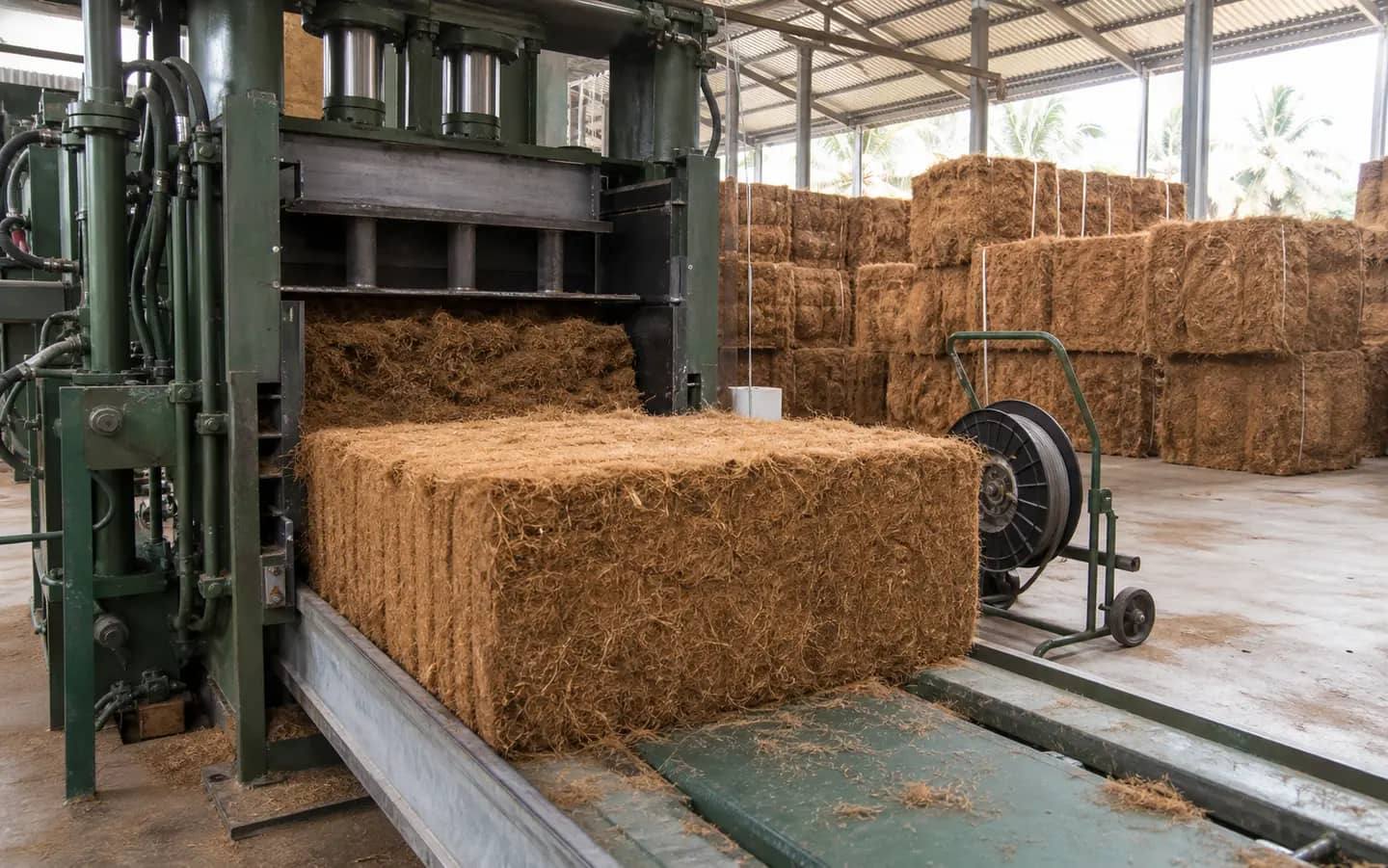 Hydraulic press compressing cleaned coir fibre into a dense bulk bale